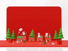 Merry Christmas and Happy New Year, Santa Claus and Snowman on Christmas train with gifts with copy space, 3d rendering photo