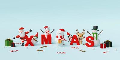 feliz navidad y próspero año nuevo, santa claus y personaje navideño con letras navidad, representación 3d foto