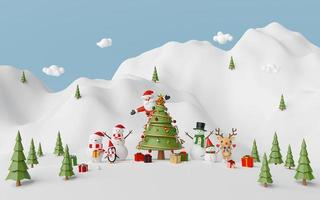 Merry Christmas and Happy New Year, Christmas celebration with Santa Claus and friend at the snow mountain, 3d rendering photo