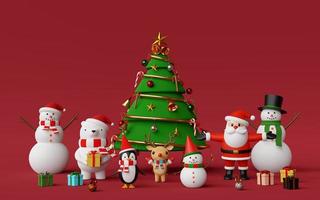 feliz navidad y próspero año nuevo, árbol de navidad con lindo personaje navideño sobre fondo rojo, representación 3d foto