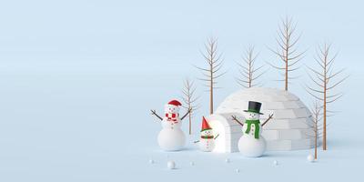 feliz navidad y próspero año nuevo, banner navideño con muñeco de nieve e iglú, renderizado 3d foto