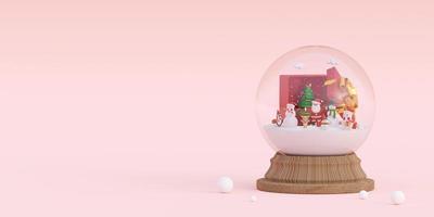 Merry Christmas and Happy New Year, Banner of Christmas celebration with Santa Claus and friends in a snow globe, 3d rendering