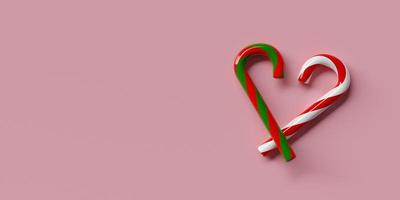 Merry Christmas and Happy New Year, Christmas candy can heart shape on pink background, 3d rendering photo