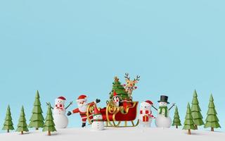 Merry Christmas and Happy New Year, Santa Claus and friends with sleigh full of gifts in pine forest, 3d rendering photo