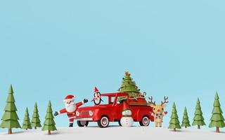 Merry Christmas and Happy New Year, Christmas truck with Santa Claus and friends in pine forest, 3d rendering photo