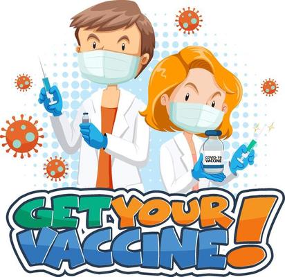 Get Your Vaccine font banner with two doctors cartoon character