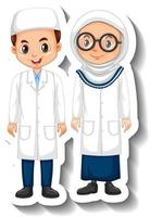 Scientist muslim couple kids cartoon character sticker vector