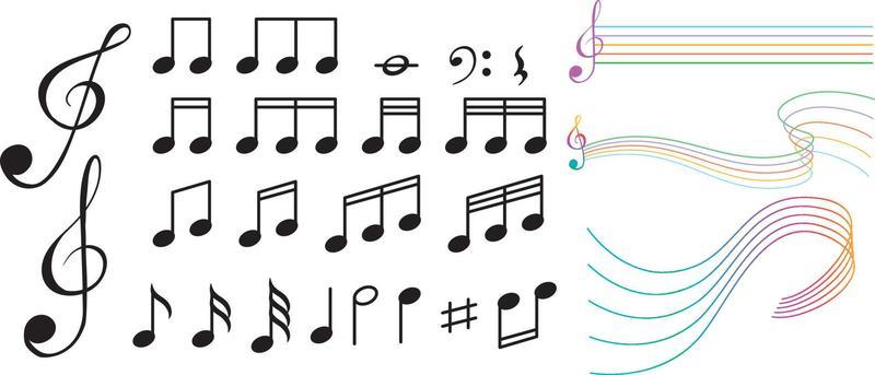 Musical symbols with wave lines on white background