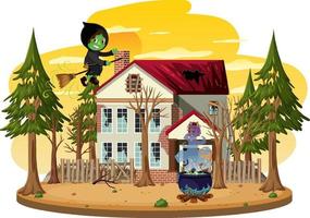 Witch riding a broom in front of haunted house in the woods vector