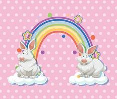 Two rabbits on the cloud with rainbow on pink polka dot background vector