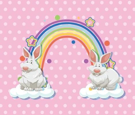 Two rabbits on the cloud with rainbow on pink polka dot background