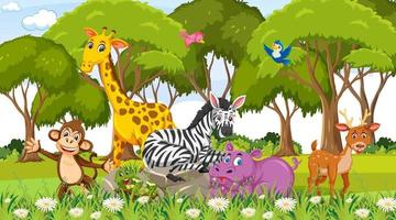 Forest scene with wild animals group vector