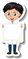 Cartoon character sticker with a boy in science gown holding empty banner vector