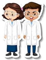 Pegatina de personaje de dibujos animados con una pareja de científicos en bata de ciencia vector