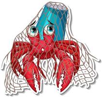 Hermit crab stuck in net and plastic cup vector