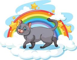 lindo gato en la nube con arcoiris vector