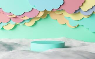 stand for product display on cotton floor with paper cut clouds photo