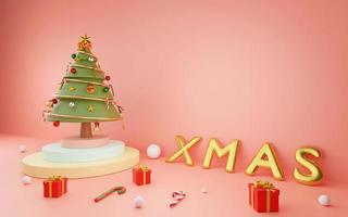 feliz navidad y próspero año nuevo, árbol de navidad en el podio con globos de navidad y adornos navideños sobre un fondo rosa, representación 3d foto