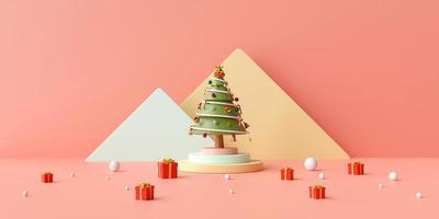 Feliz navidad y próspero año nuevo, banner navideño del árbol de navidad en el podio con caja de regalos sobre un fondo rosa, representación 3d foto