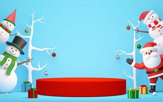 Merry Christmas and Happy New Year, Podium with Santa Claus and Snowman on a blue background, 3d rendering photo