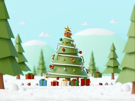 Feliz Navidad y próspero año nuevo, paisaje de árbol de Navidad decorado con regalos en un terreno nevado en el bosque, representación 3D foto