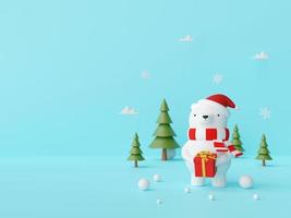Feliz Navidad y próspero año nuevo, escena de oso de Navidad con regalo sobre un fondo azul, representación 3D foto