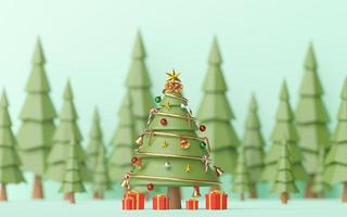 Merry Christmas and Happy New Year, Landscape of Decorated Christmas Tree with gifts in pine forest, 3d rendering photo