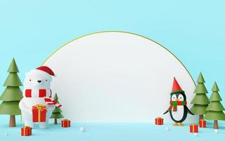 Feliz Navidad y próspero año nuevo, escena de personaje navideño oso y pingüino con espacio en blanco en blanco sobre un fondo azul, representación 3d foto