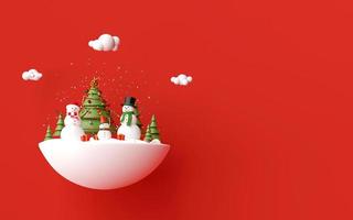 feliz navidad y próspero año nuevo, muñeco de nieve celebra el día de navidad con regalos de navidad sobre un fondo rojo, representación 3d foto
