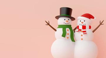 feliz navidad y próspero año nuevo, pareja de muñeco de nieve sobre un fondo rosa con espacio de copia, representación 3d foto