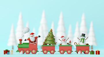 feliz navidad y próspero año nuevo, santa claus y muñeco de nieve en el tren de navidad con regalos y bosque de pinos sobre un fondo azul, representación 3d foto