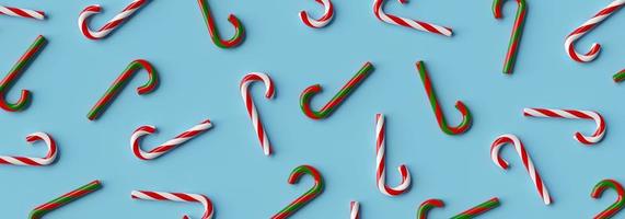 Christmas banner background of Christmas candy cane on a blue background, 3d rendering photo