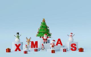 Merry Christmas and Happy New Year, Santa Claus and Christmas character with letters XMAS, 3d rendering photo