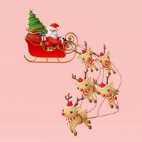 Escena de Papá Noel en un trineo lleno de regalos de Navidad y tirado por renos, 3D rendering foto