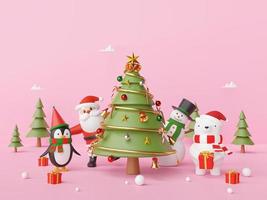 Merry Christmas and Happy New Year, Party Christmas Day with Santa Claus and friend on a pink background, 3d rendering photo