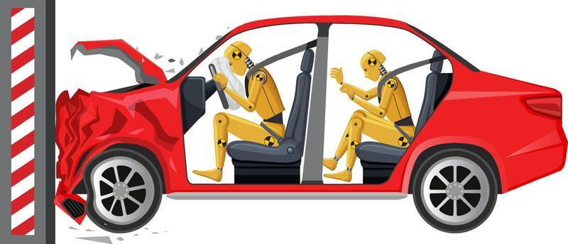 Crash test dummy with broken car