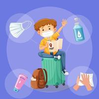 A man travelling cartoon character with covid-19 travel safety kits vector