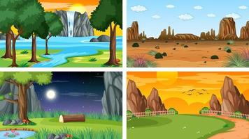 cuatro escenas diferentes de parque natural y bosque. vector