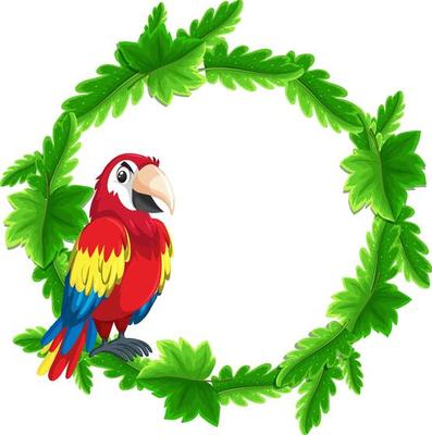 Round green leaves banner template with a parrot bird