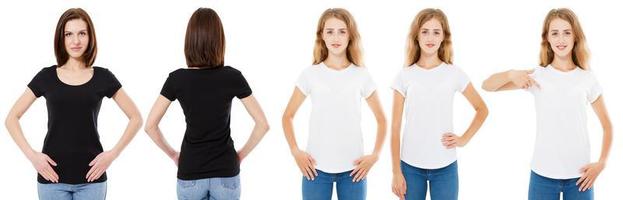 T-shirt set. Front and back view Brunette and Blonde in white and black t shirt isolated. Two girl in blank shirt, Mock up, Collage, Copy space, Template photo