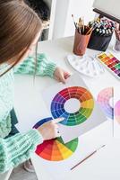 Designer or artist working with color samples and color wheel high angle view photo