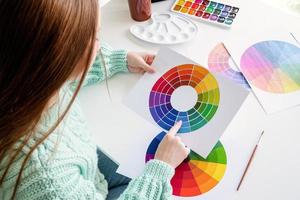 Designer or artist working with color samples and color wheel high angle view photo