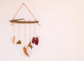 Composición otoñal de hojas de colores colgando de un palo de madera como elemento del interior de la casa foto