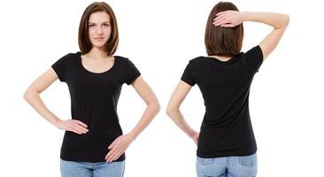 Hermosa chica en camiseta negra vista frontal y trasera aislada en blanco, conjunto de camiseta, maqueta de camiseta, espacio de copia foto