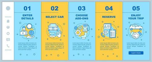 Car rental service onboarding mobile web pages vector template