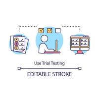 Use trial testing concept icon. Check knowledge level. Online test. Elearning. University entrance examination idea thin line illustration. Vector isolated outline drawing. Editable stroke