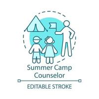 Summer camp counselor concept icon. Seasonal job idea thin line illustration. Childcare worker, employee. Campers supervision. Part-time job. Vector isolated outline drawing. Editable stroke