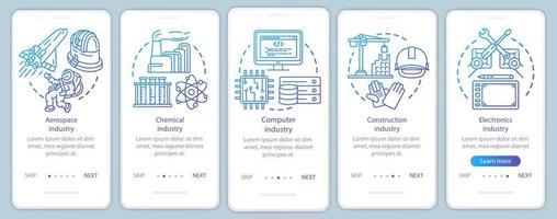 industrias de investigación incorporando plantilla de vector de pantalla de página de aplicación móvil. servicios informativos. paso a paso del sitio web con ilustraciones lineales. concepto de interfaz de teléfono inteligente ux, ui, gui