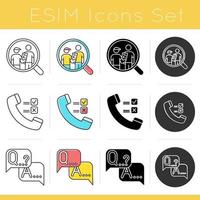 Survey methods icons set. Focus group. Telephone poll. Interview. Public opinion. Customer review. Feedback. Evaluation. Glyph design, linear, chalk and color styles. Isolated vector illustrations