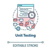 Unit testing concept icon. Software development stage idea thin line illustration. Application perfomance verification. Java source code. IT project. Vector isolated outline drawing. Editable stroke